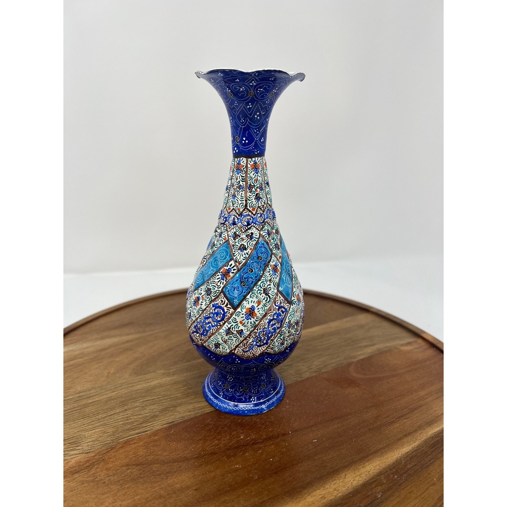 Hand Painted Enamel Vase Blue Floral Pattern Decorative Tabletop Accent